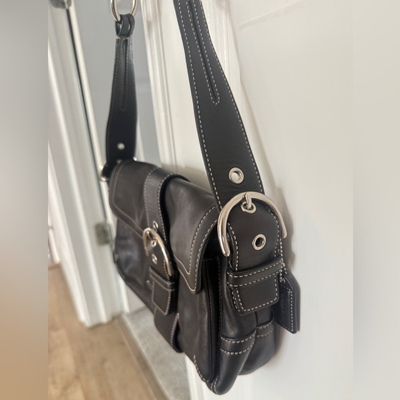 Coach Y2K Small Soho Double Pocket Buckle Hobo Shoulder Bag Black w White Stitch - Picture 4 of 10